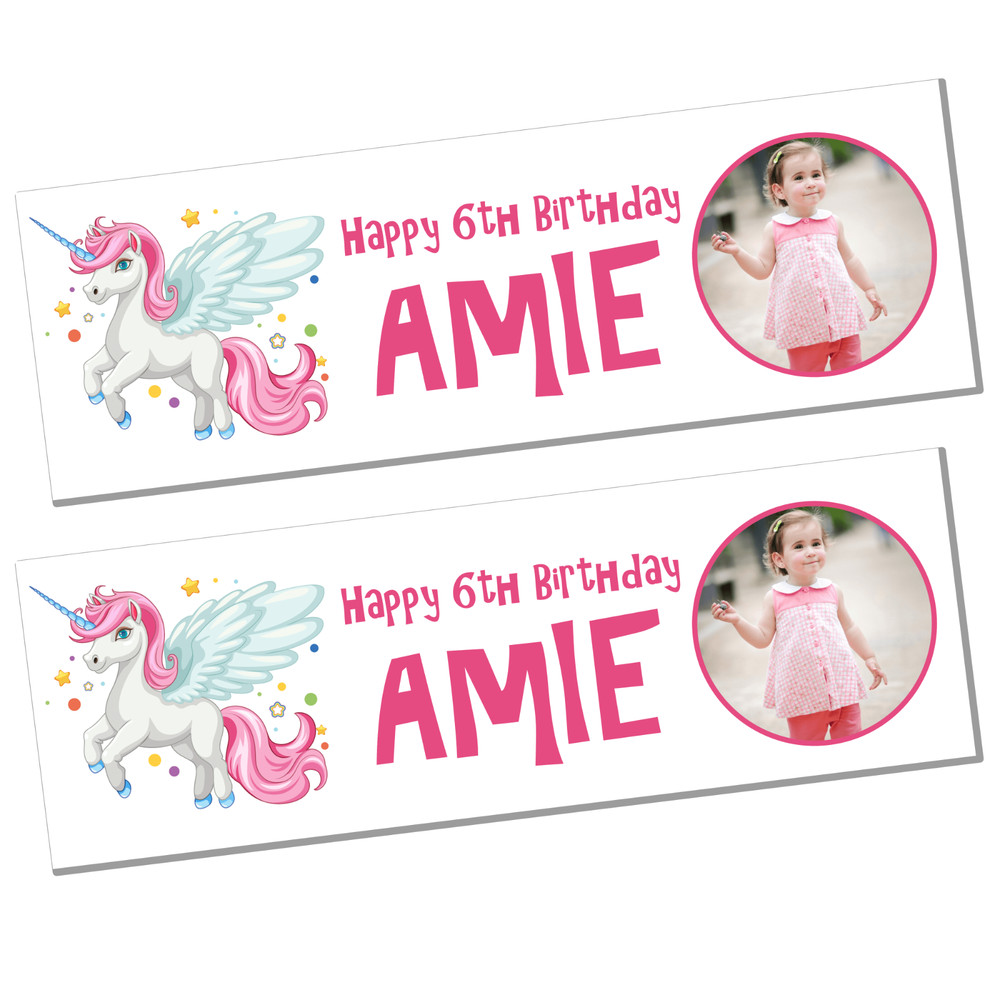 2 X Personalised Girls Unicorn Birthday Christening Banner any name, age & photo