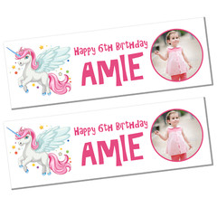 2 X Personalised Girls Unicorn Birthday Christening Banner any name, age & photo