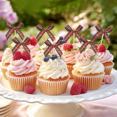 M METERXITY 30Pack Bow Cupcake Toppers, Ribbon Bow Cake Toppers Plaid Bowknot…