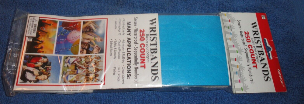 PARTY WRIST BANDS 250 Count Blue Secure Waterproof Sequentially Numbered NIB