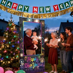 2026 Happy New Year Party Decorations Photo Booth Props Frame Backdrop Set