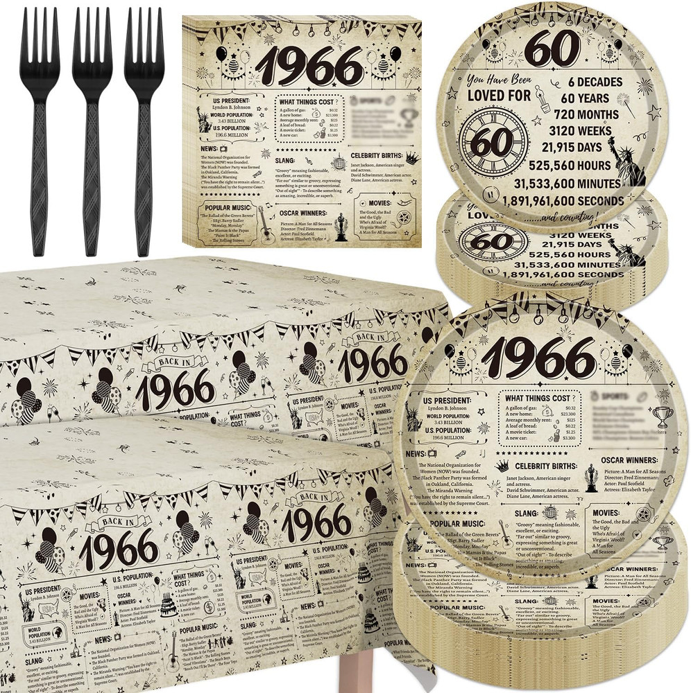 60Th Birthday Decorations for Men Women – 98PCS Vintage Back in 1966 Plates Napk