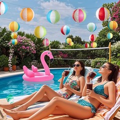 16PCS Pool Party Decorations, Summer Beach Ball Paper Lanterns, Colorful Luau…