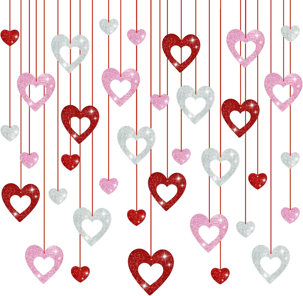 36 Pcs Valentine’s Day Decorations Glitter Heart Hanging Swirls Ornaments for V