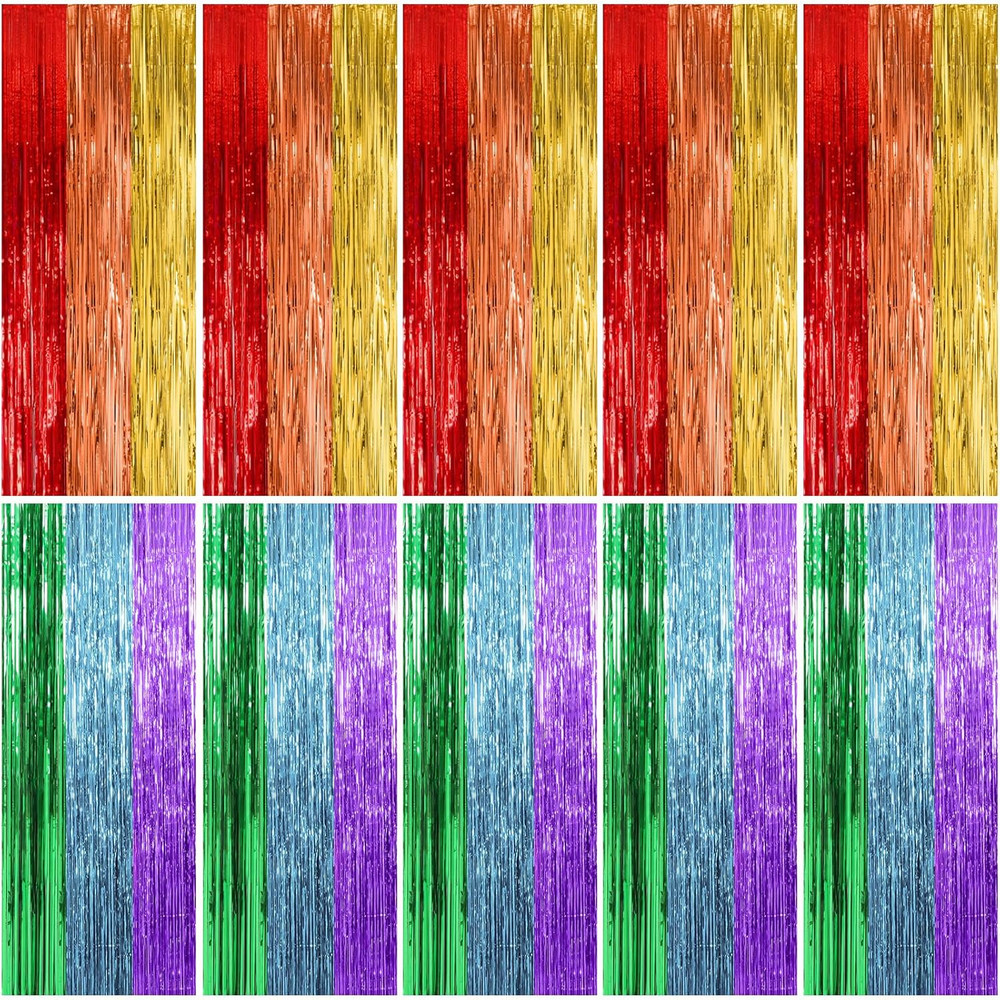 10 Pack Rainbow Party Backdrop Streamers Decorations Colorful Foil Fringe Curtai
