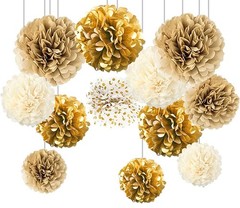 12 PCS Gold Gradient Tissue Paper Pom Poms Wedding Birthday Hanging Deco