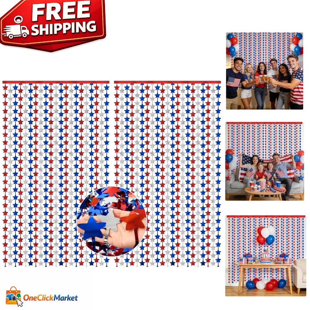 4th of July Photo Backdrop Set – 2 Pack Red White and Blue Tinsel Curtains