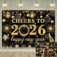 2026 New Year Backdrop Black Gold Party Decor – NYE Photography Background 7x5FT