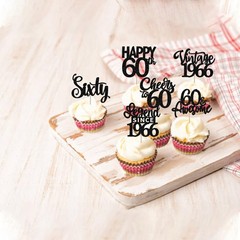24PCS Black Happy 60th Birthday Cupcake Toppers Sixty Vintage 1966 Cupcake Pi…