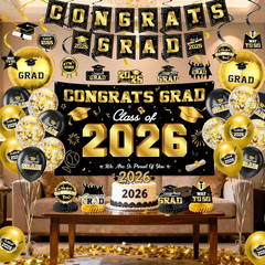 Graduation Decorations 2026-Black and Gold Graduation Party Decorations Suppl…