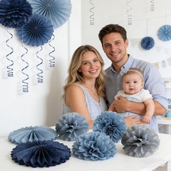 Navy Dusty Blue and Gray Hanging Flowers Tissue Pom Poms Party Decorations Wa…