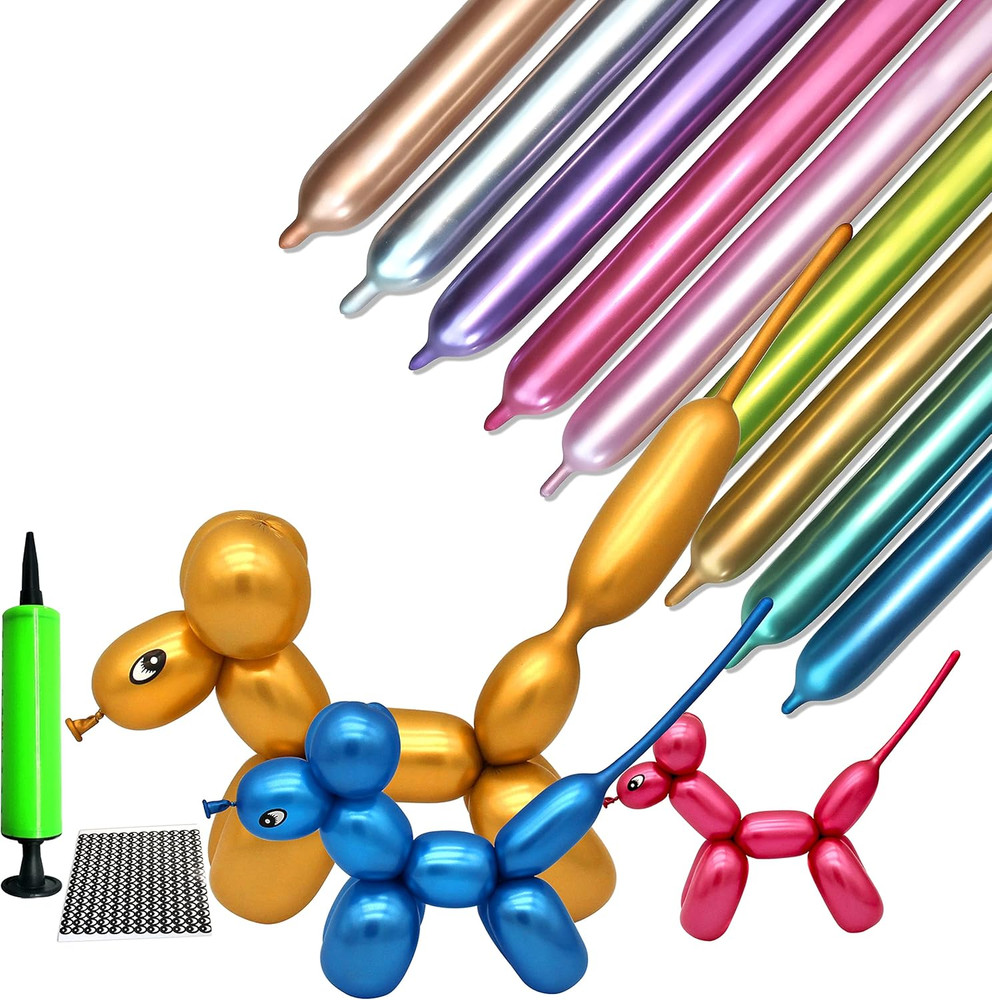 100Pcs 260 Long Balloons Kit with Pump, Shiny Metallic Latex Twisting Balloon fo