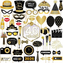 46 PCS 2026 New Year Photo Booth Props Funny Selfie NYE Party Decorations