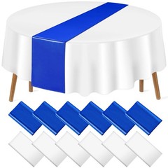 12-Pack 12×108″ Royal Blue Satin Table Runners & 84″ White Round Tablecloths