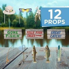 12 PCS Gone Fishin Photo Booth Props Stick Paper Accessories Party Decor