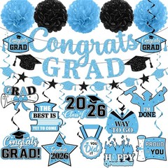 Light Blue Graduation Decorations 2026 – Congrats Grad Banner & Hanging Swirls f