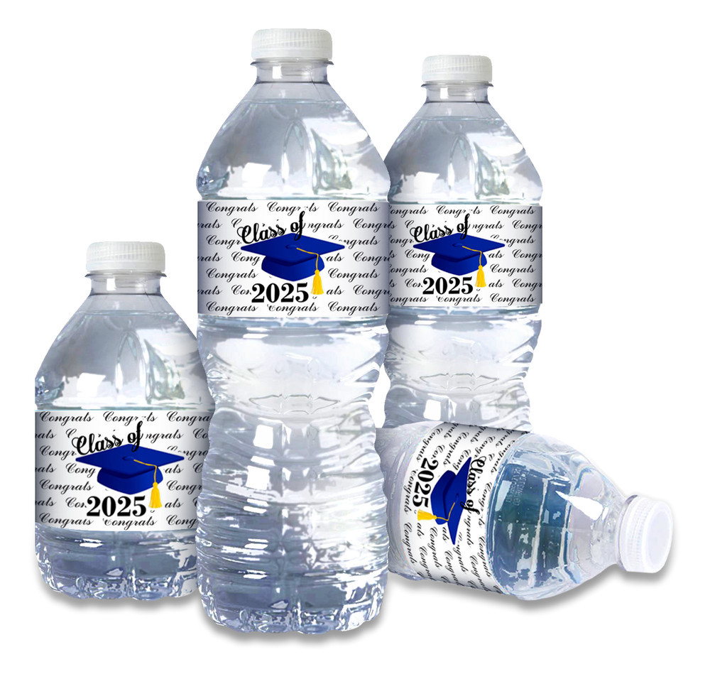 Class of 2025 Blue Graduation Water Bottle Label Set of 25 Waterproof and Glossy
