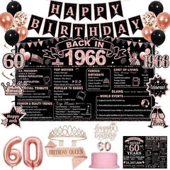 60th Birthday Decorations Kit – Rose Gold & Black, Happy 60th Banner, Crown, Sas