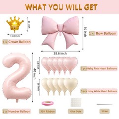 2nd Decorations for Girl Boy, Pastel Pink Number 2 Foil Balloon Set with Bow,…