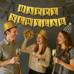 , Gold Happy New Year Banner – 10 Feet, Pre – Strung | Glitter Gold and Black wi