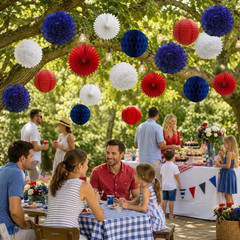 16 Pcs Navy Blue Red White Hanging Party Decoration Kit, Tissue Paper Pom Pom…