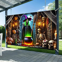 Halloween Witch Banner 71X43 Inch Backdrop with Glowing Pumpkins, Skeletons, Cau