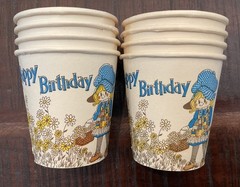 NOS Vintage 1970s Birthday Plate Cup Patchwork Girl Ragdoll Bonnet Daisy Prairie