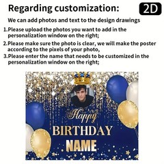 1pc 2D Blue Golden Crown Personalized Birthday Custom Poster Tapestry Banner ❀