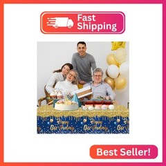 Happy Birthday Tablecloth,3pcs Navy Blue and Gold Table Cloths for Parties Glitt