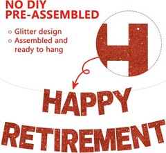 Glitter Red Happy Retirement Banner Pre-Strung Garland for Office Goodbye Party