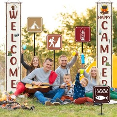 14Pcs Camping Party Decorations Set Welcome Happy Camper Porch Banner Sign Su…