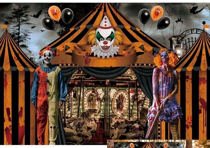 8x6ft Horror Circus Tent Carousel Backdrop 2024 Halloween Evil Clown Carnival…