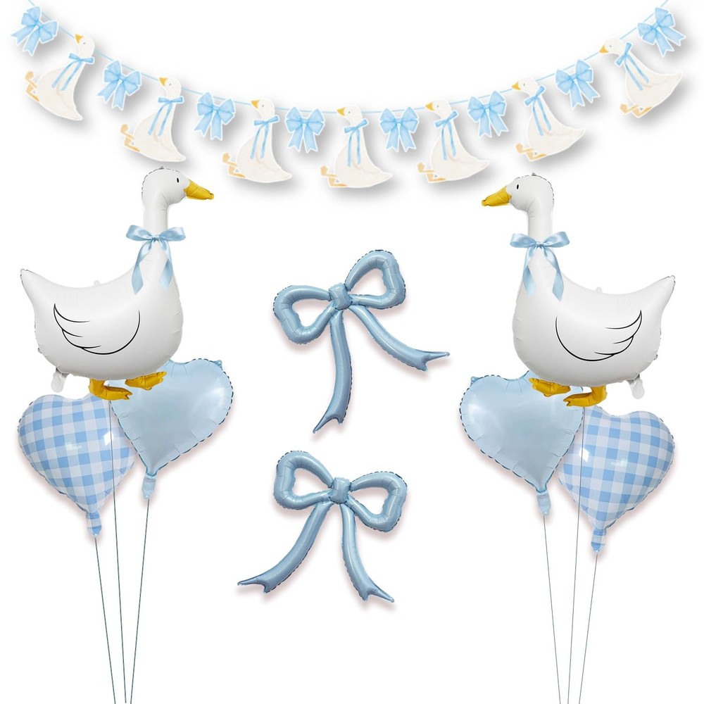 Silly Goose Party Decorations with Goose Banner, Bow & Blue Gingham Balloons,…