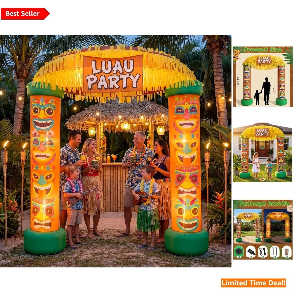 Colorful 8.5 FT Self-Inflating Tiki Decoration with LED Lights For Luau Events