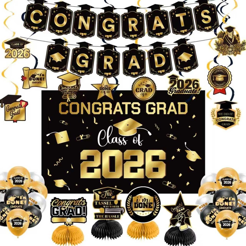 Graduation Decorations 2026 Gold Themed Set – Congrats Grad Banner,