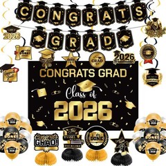Graduation Decorations 2026 Gold Themed Set – Congrats Grad Banner,
