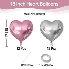 Light Pink and Silver Heart Balloons, 12Pcs 18 Inch Heart Shaped Foil Balloon…