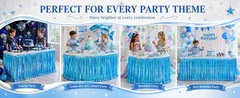 Light Blue Foil Fringe Table Skirt, 2-Pack Disposable Metallic Tinsel Streamers,