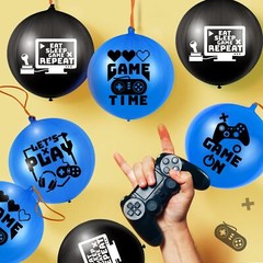 32 Pcs Video Game Punch Balloons Pixelated Punch Ball Balloons (Blue, Black)