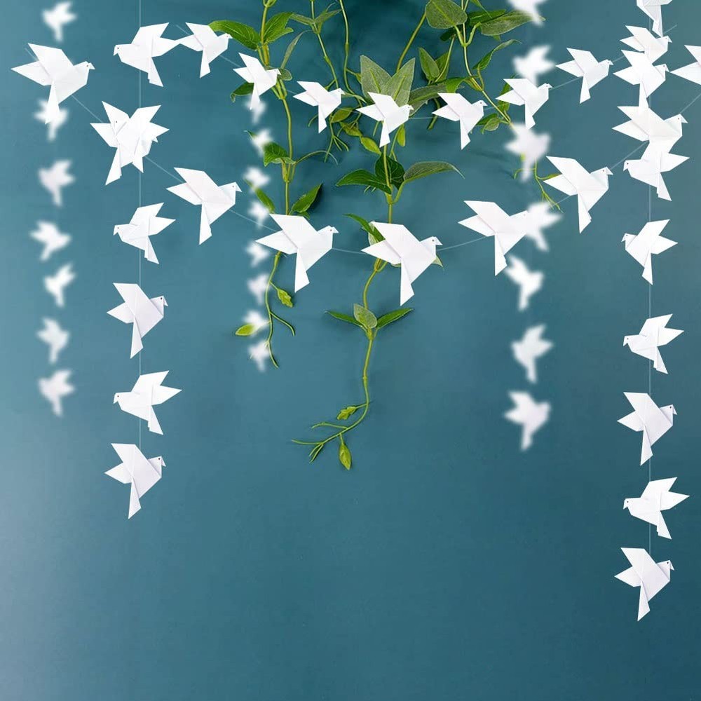 150PCS 10Strings White Origami Paper Doves Garlands for Wedding Party Decorat…