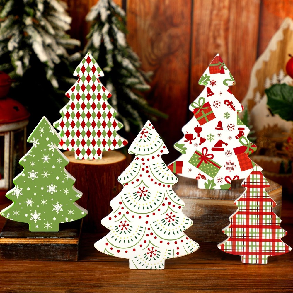 5 PCS Christmas Table Decoration Wooden Tree Tiered Tray Centerpiece Plaid