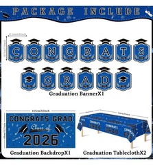 Graduation Decorations 2026 – Blue Congrats Grad Banner Backdrop Tablecloth Set