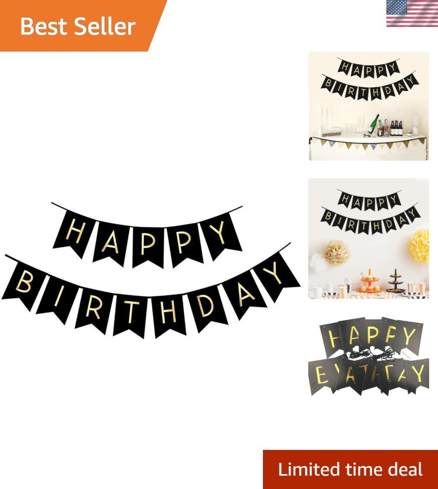 Pre-Strung Black Birthday Bunten Banner with Gold Foil Letters – No DIY Needed