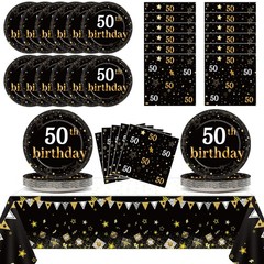 Black and Gold 50th Birthday Party Set for 24 Guests, Themed Plates Napkins