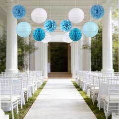 12 PCS Dusty Blue White Party Decoration Hanging Paper Flower Lanterns Pom Pom