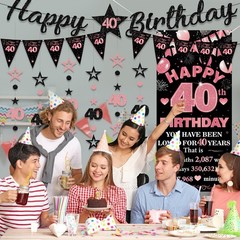 40th Birthday Decorations – 9 Pcs Rose Gold & Black Banner, Glitter Garland & Fl