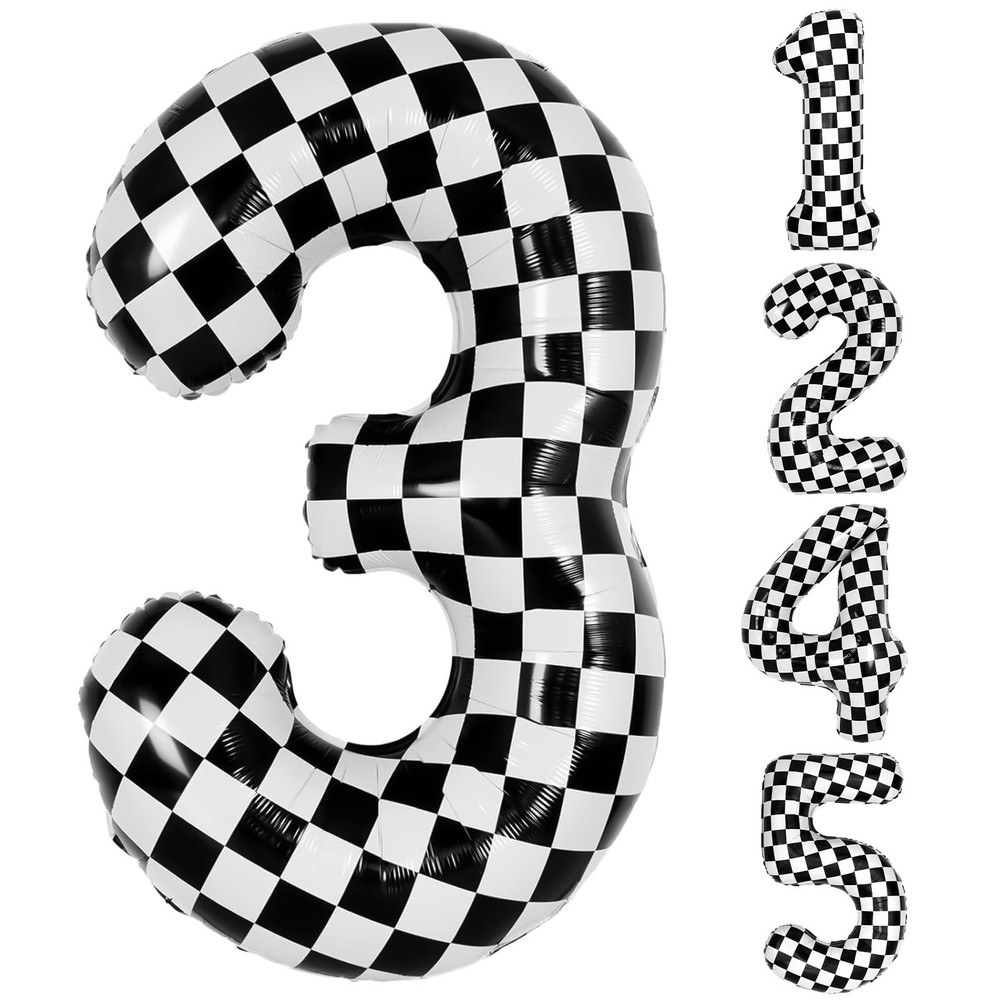 40 Inch Checkered 3 Balloons, Black and White Foil Number 3 Balloons for Race…