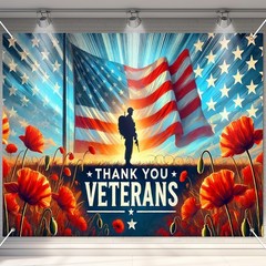 Patriotic Thank You Veterans Backdrop 8x6ft Banner for 4th of July & Memorial Da