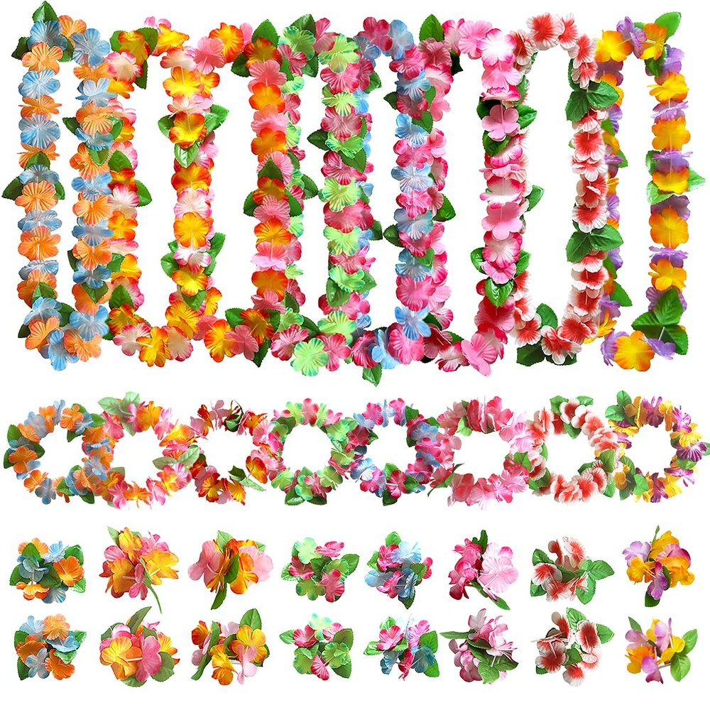 32pcs Tropical Hawaiian Party Decor, Flower Leis Headband Necklace Bracelet Set