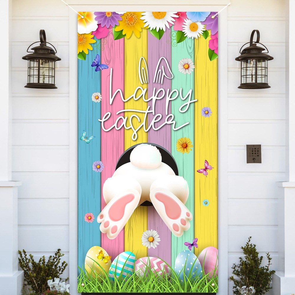 Happy Easter Decorations Colorful Eggs Flowers Bunny Door Cover Banner 35×72″